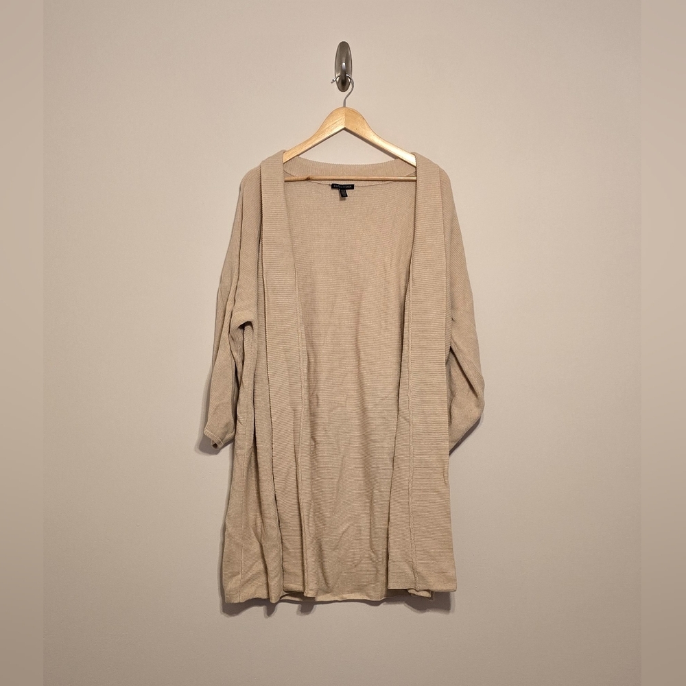 Eileen Fisher Cream Shawl Merino Wool Knee Lenght Sweater Coat size L